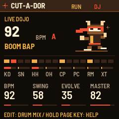 Native Cut-A-Dor display: animated pixel ninja, tempo, groove and knob values