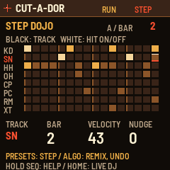 Native Step Dojo screen with eight drum lanes and sixteen steps